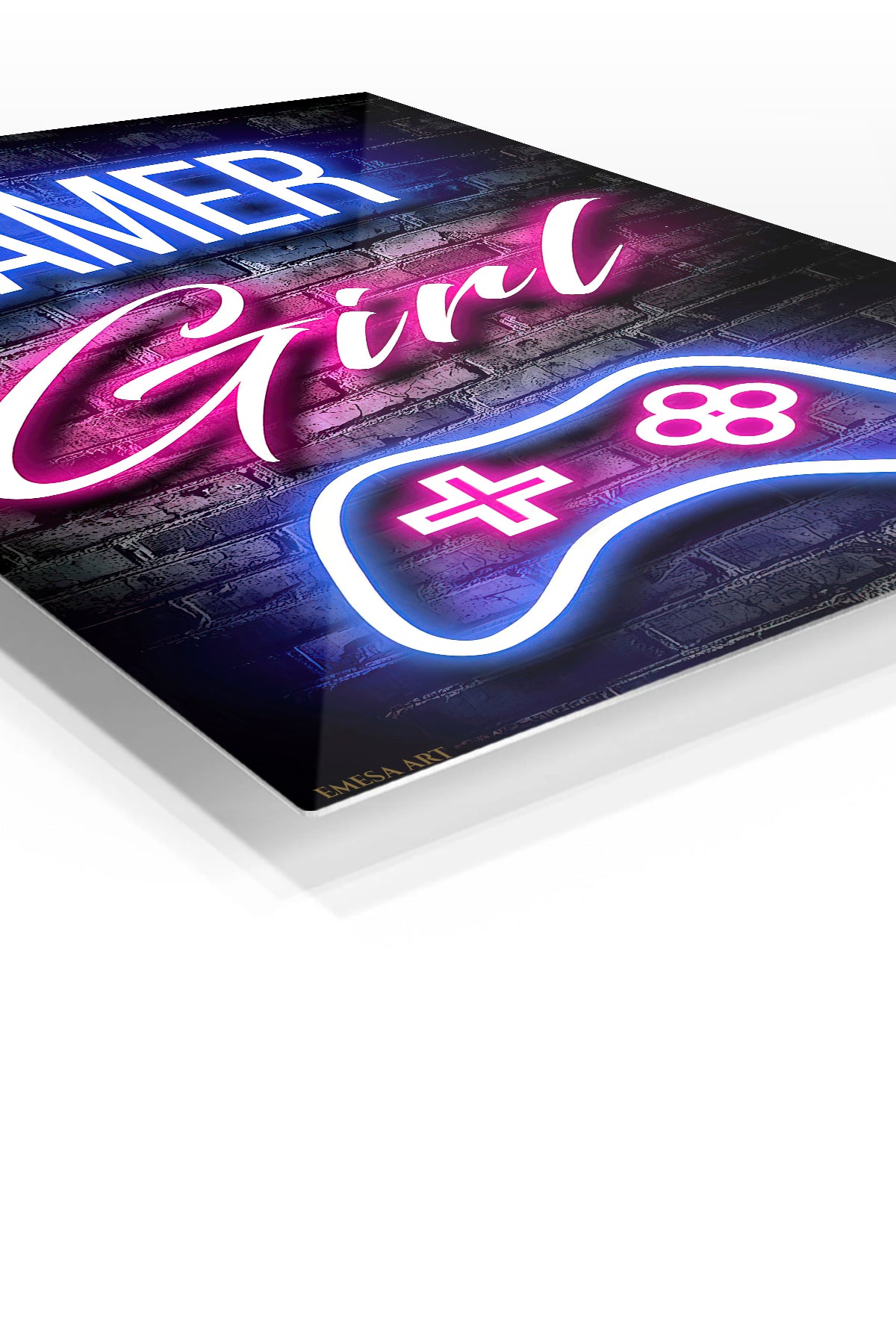 Gamer Girl Neon Controller premium metal wall art – angled view