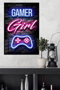Gamer Girl Neon Controller metal wall art displayed in a modern interior