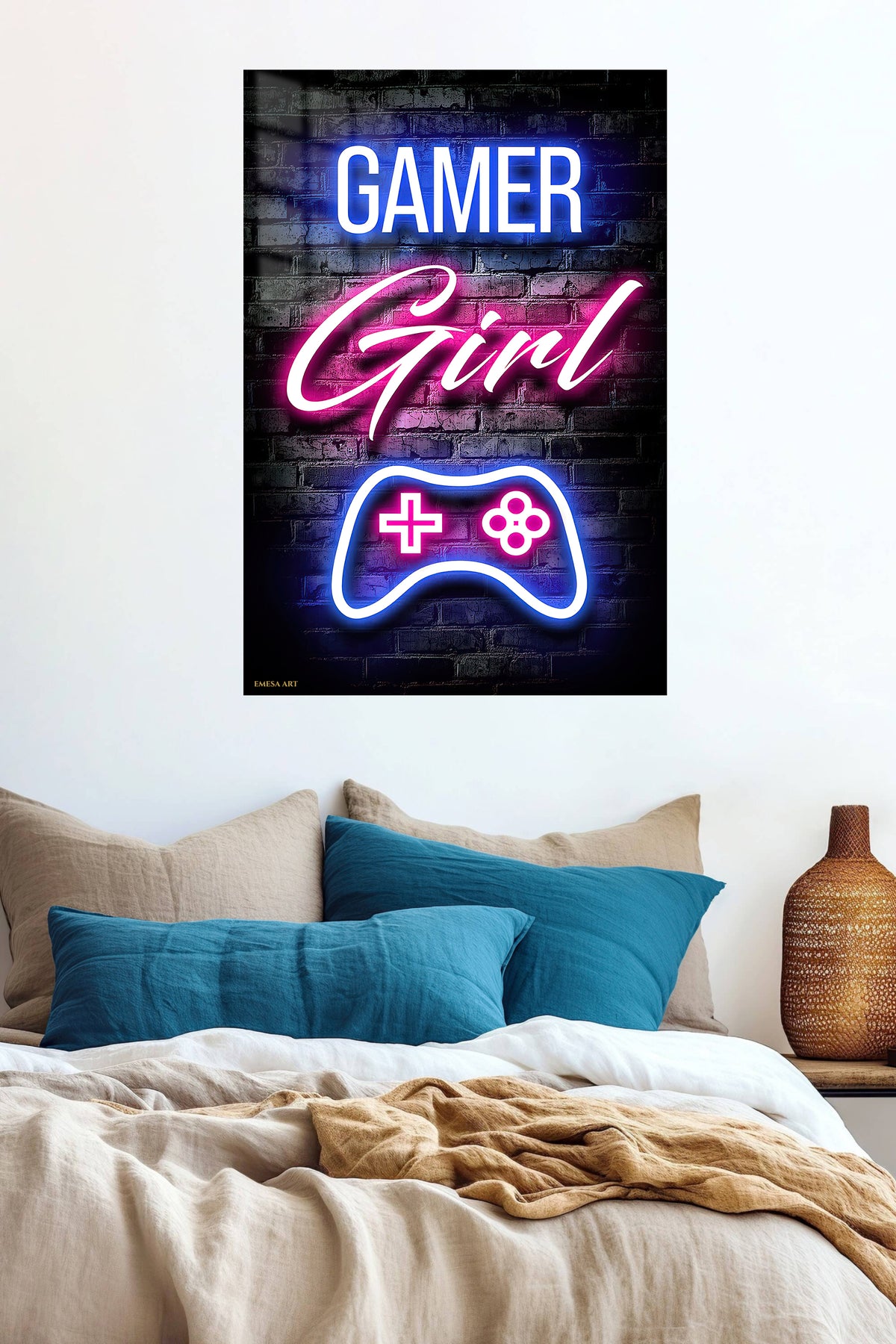 Gamer Girl Neon Controller metal wall art displayed in a contemporary living space