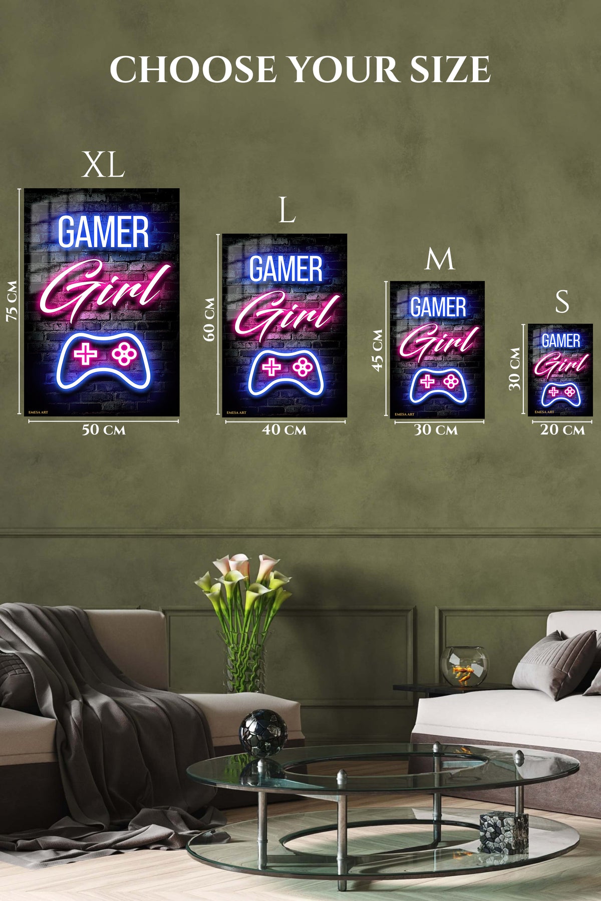 EMESA metal wall art size comparison guide for Gamer Girl Neon Controller
