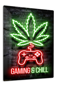 Gaming and Chill Neon Leaf premium metal wall art – front view