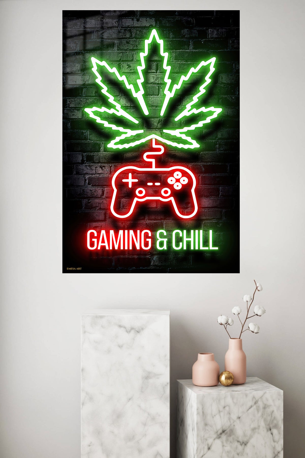 Gaming and Chill Neon Leaf metal wall art displayed in a modern interior