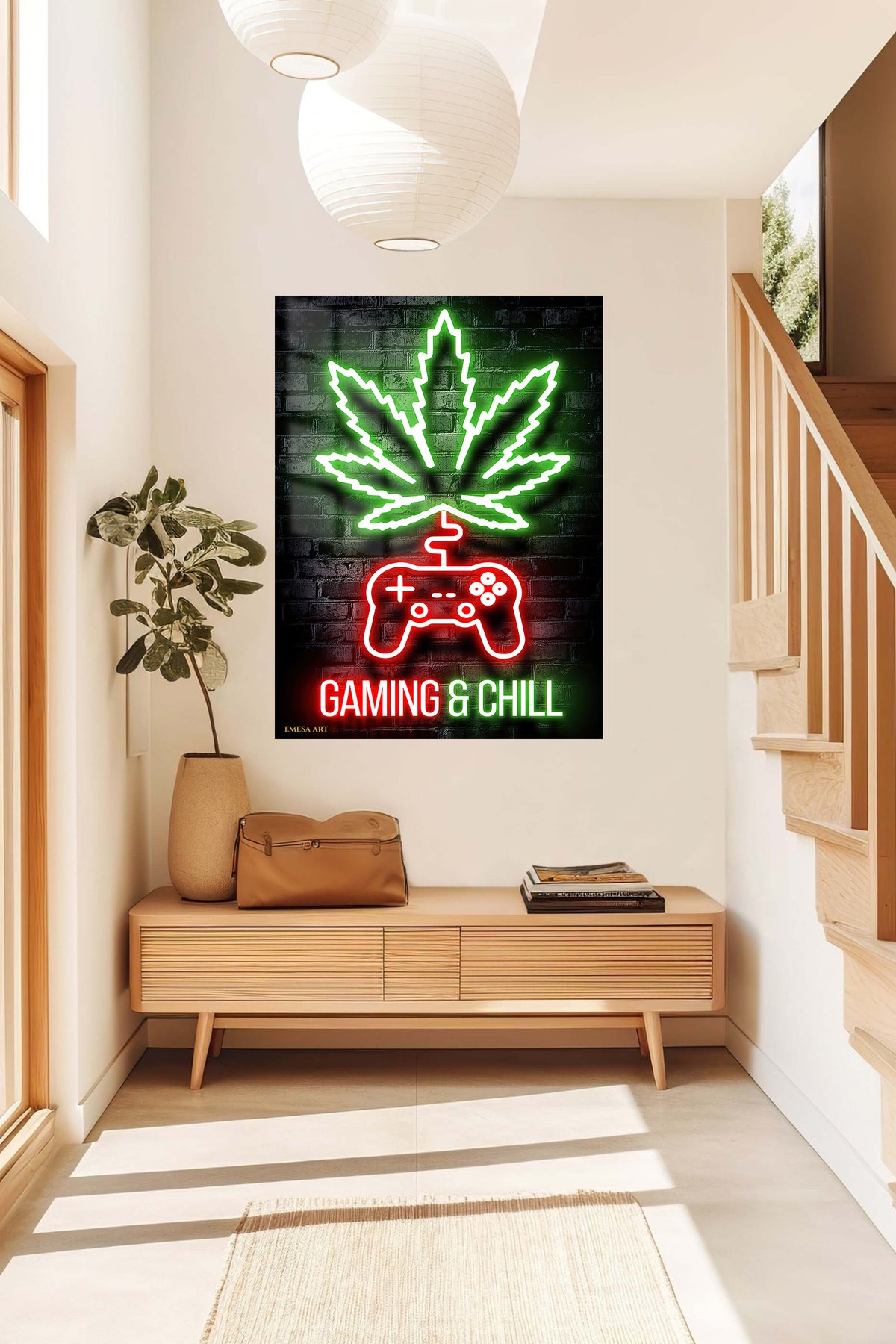 Gaming and Chill Neon Leaf metal wall art displayed in a contemporary living space