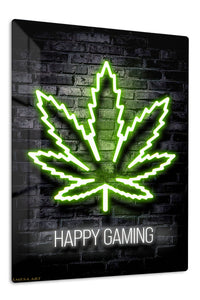 Happy Gaming Neon Emblem premium metal wall art – front view