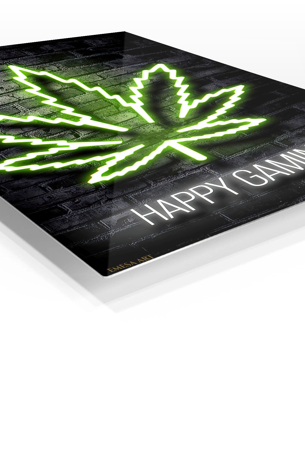 Happy Gaming Neon Emblem premium metal wall art – angled view