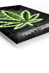 Happy Gaming Neon Emblem premium metal wall art – angled view