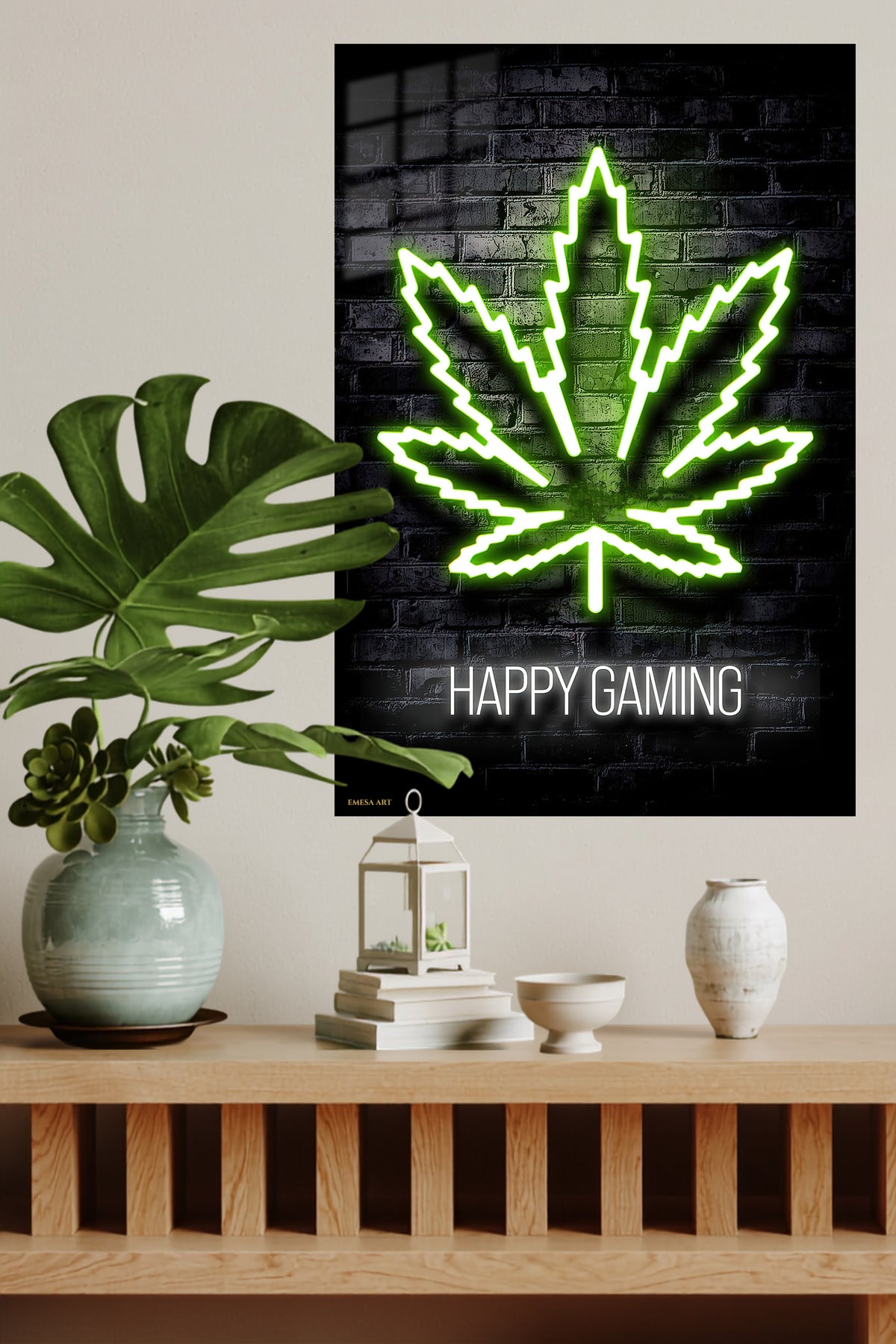 Happy Gaming Neon Emblem metal wall art displayed in a modern interior