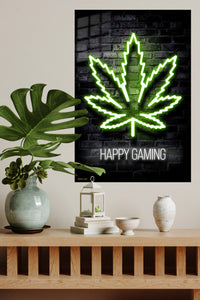 Happy Gaming Neon Emblem metal wall art displayed in a modern interior