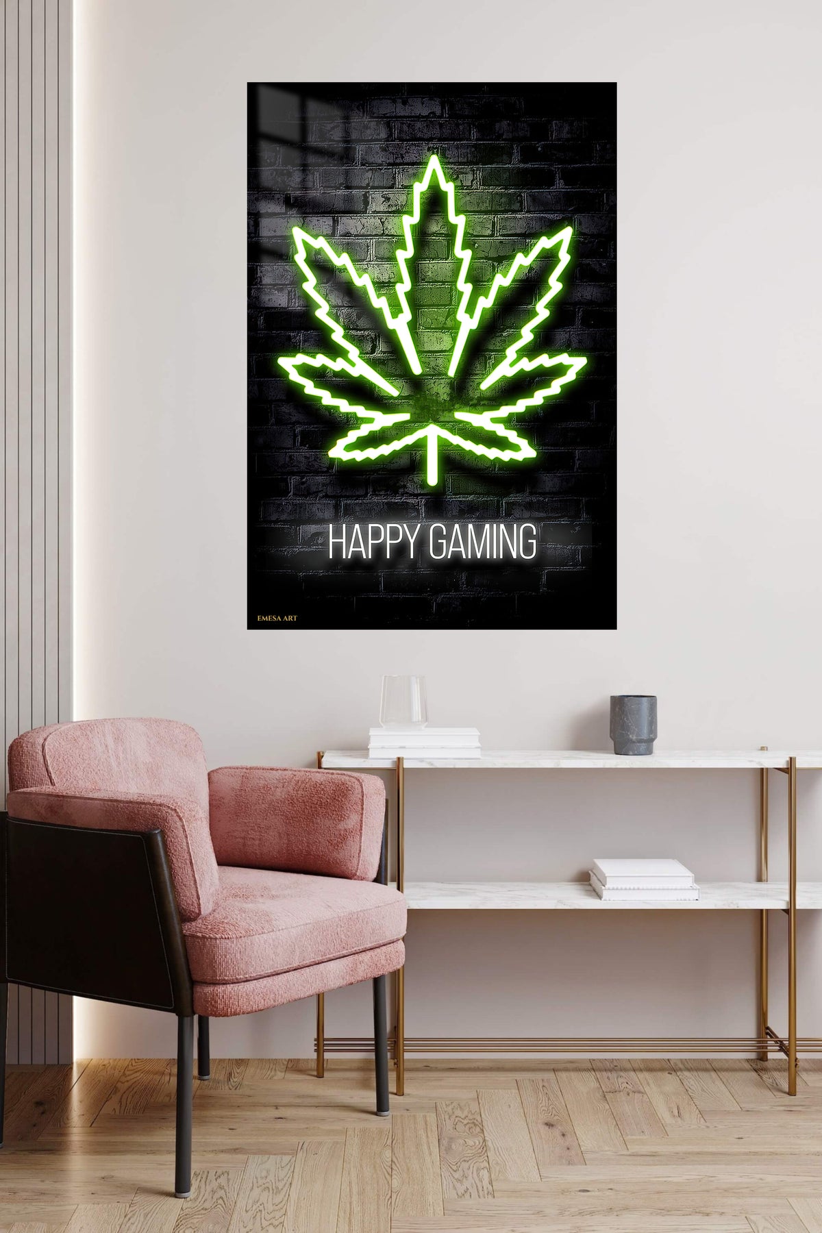 Happy Gaming Neon Emblem metal wall art displayed in a contemporary living space