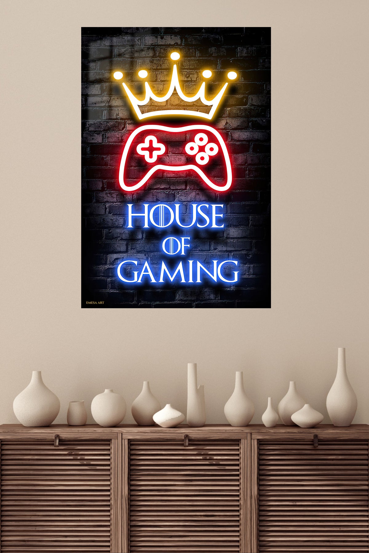 House of Gaming Neon Crown metal wall art displayed in a modern interior