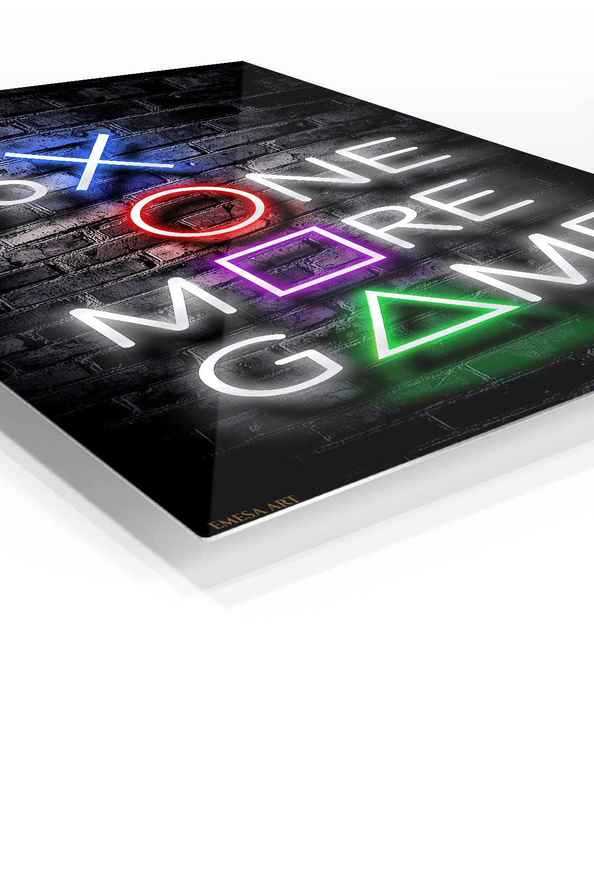 Just One More Game Neon Sign premium metal wall art – angled view