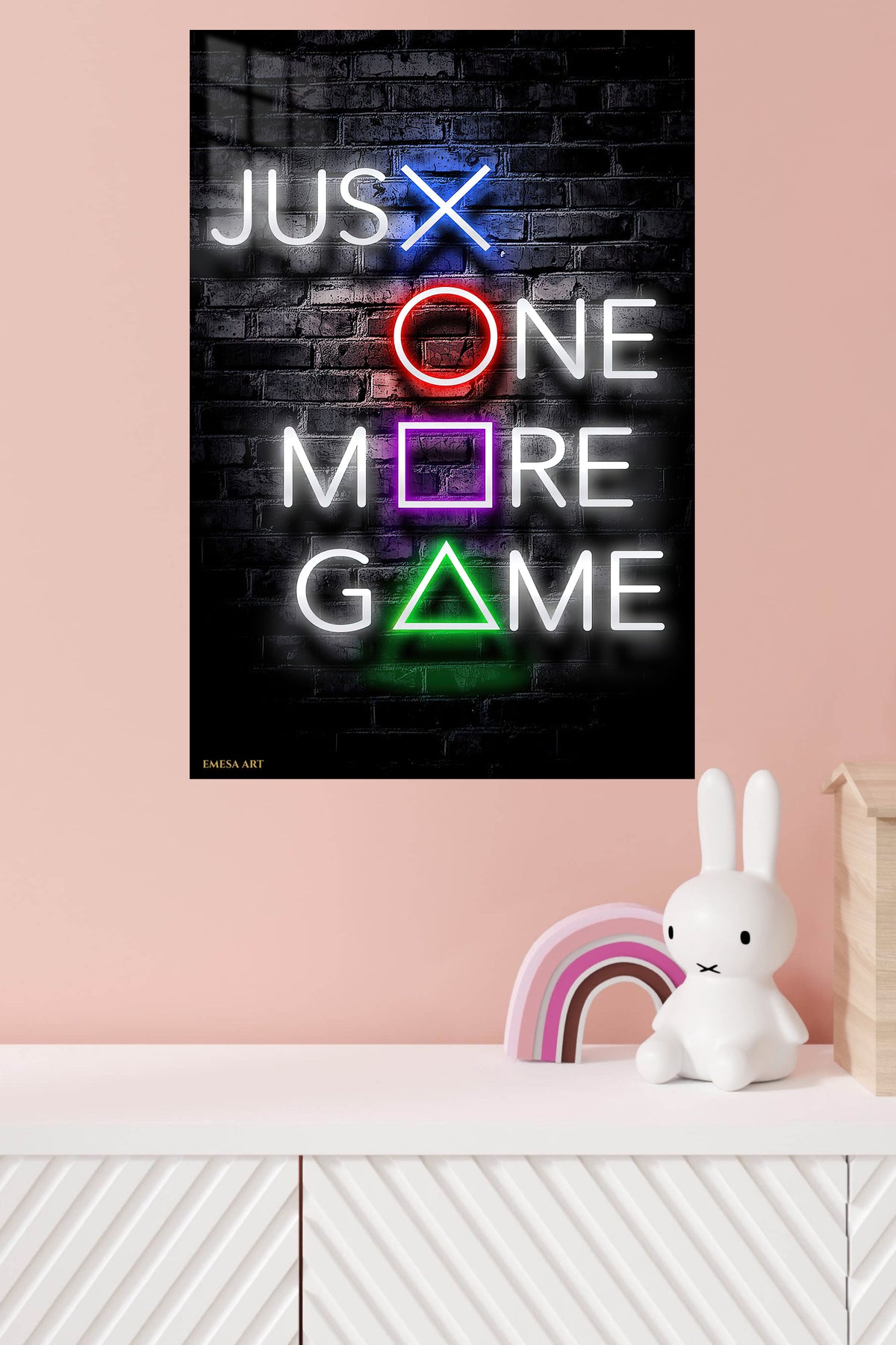 Just One More Game Neon Sign metal wall art displayed in a modern interior