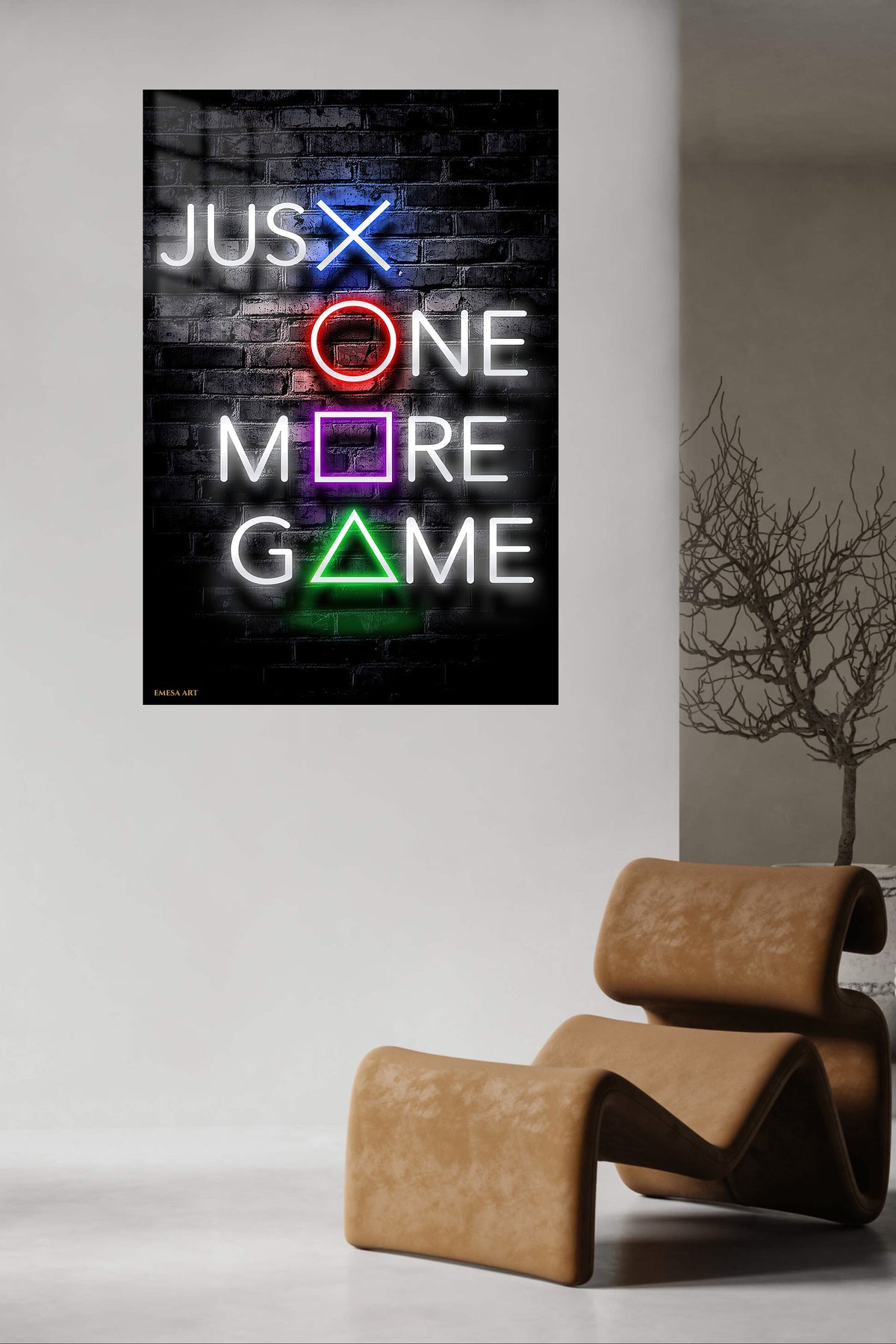Just One More Game Neon Sign metal wall art displayed in a contemporary living space
