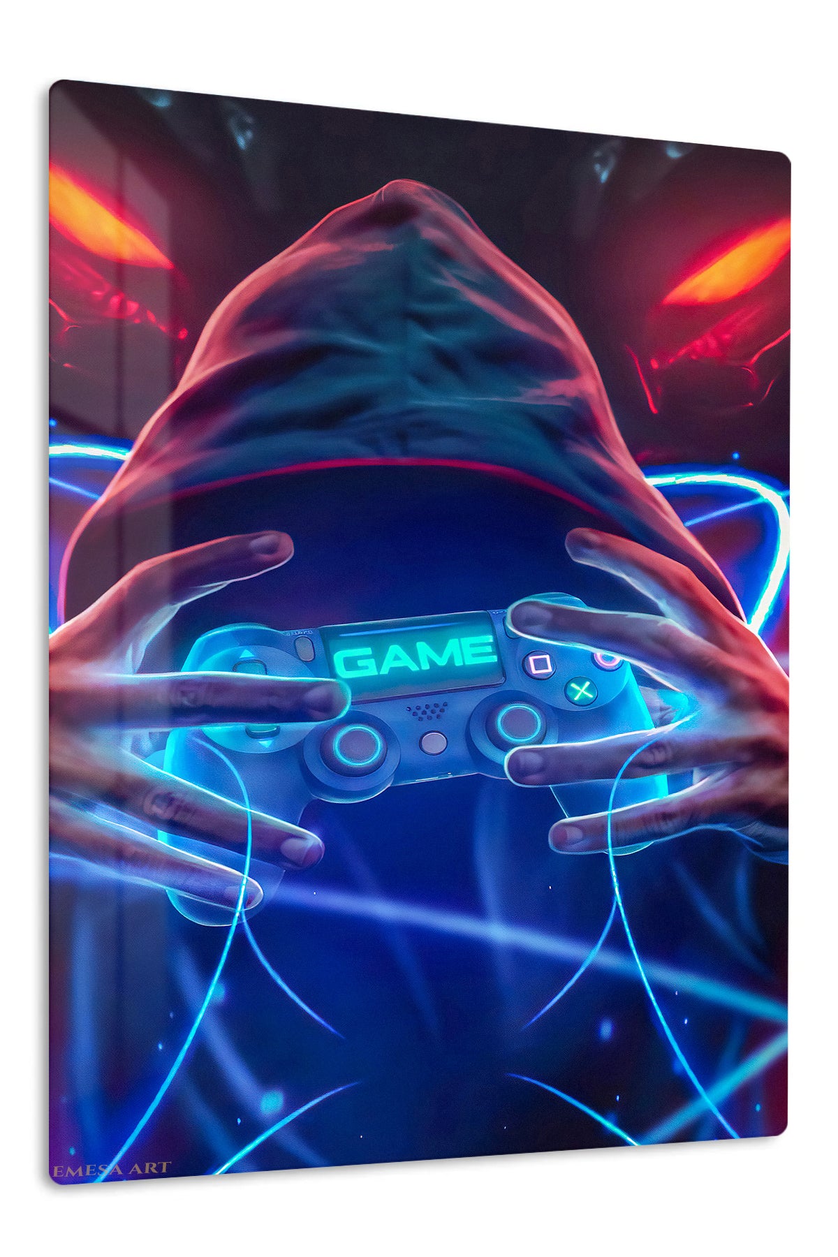 Neon Hooded Gamer premium metal wall art – front view