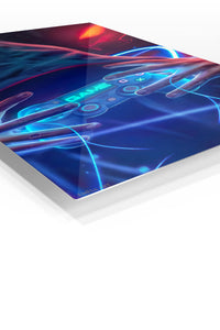 Neon Hooded Gamer premium metal wall art – angled view