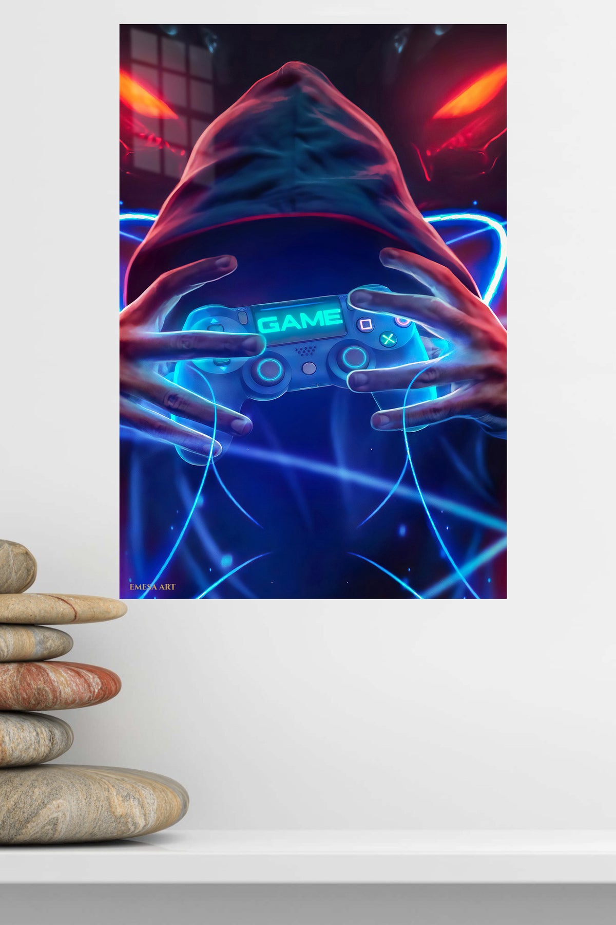 Neon Hooded Gamer metal wall art displayed in a modern interior