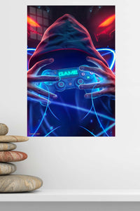 Neon Hooded Gamer metal wall art displayed in a modern interior