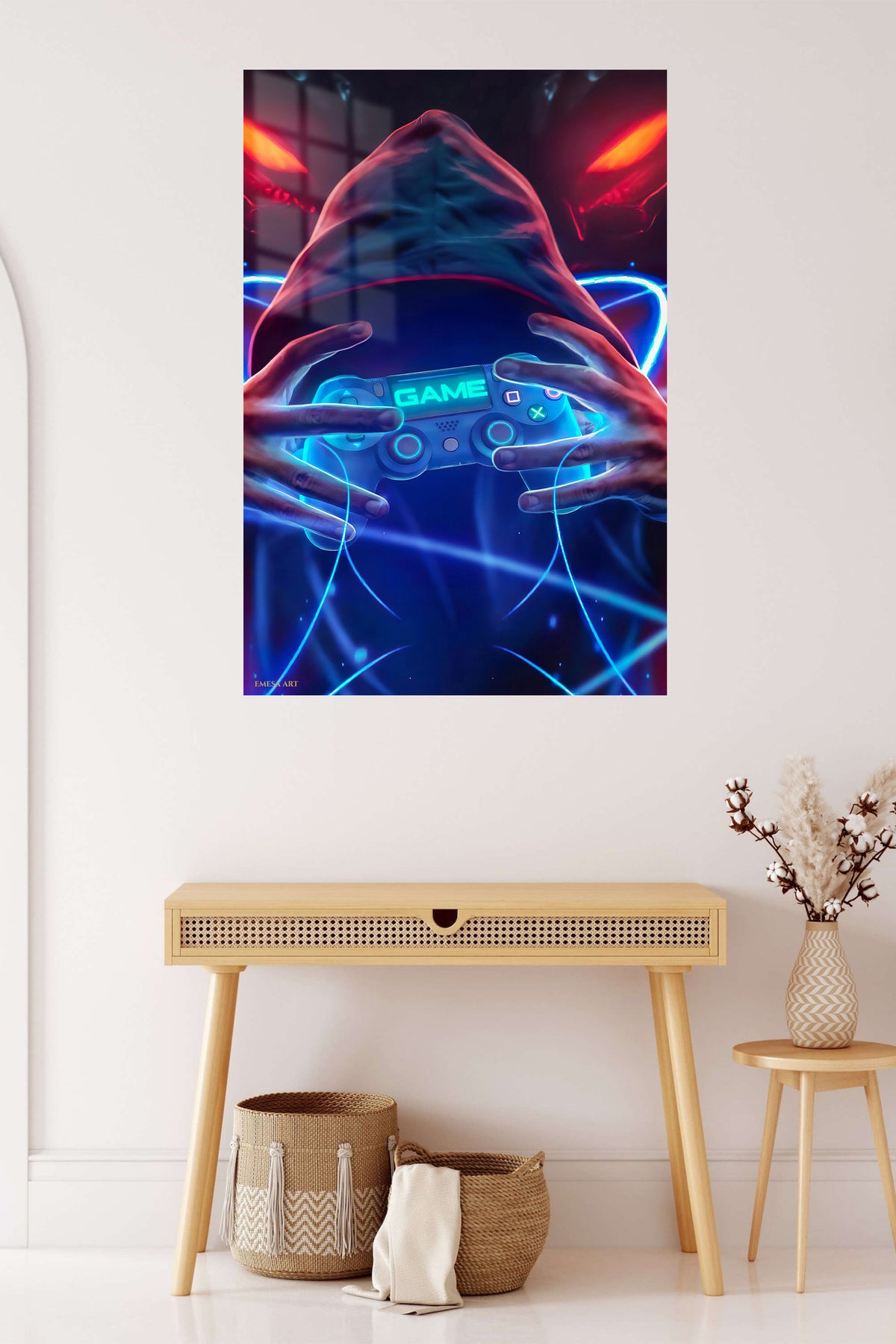 Neon Hooded Gamer metal wall art displayed in a contemporary living space