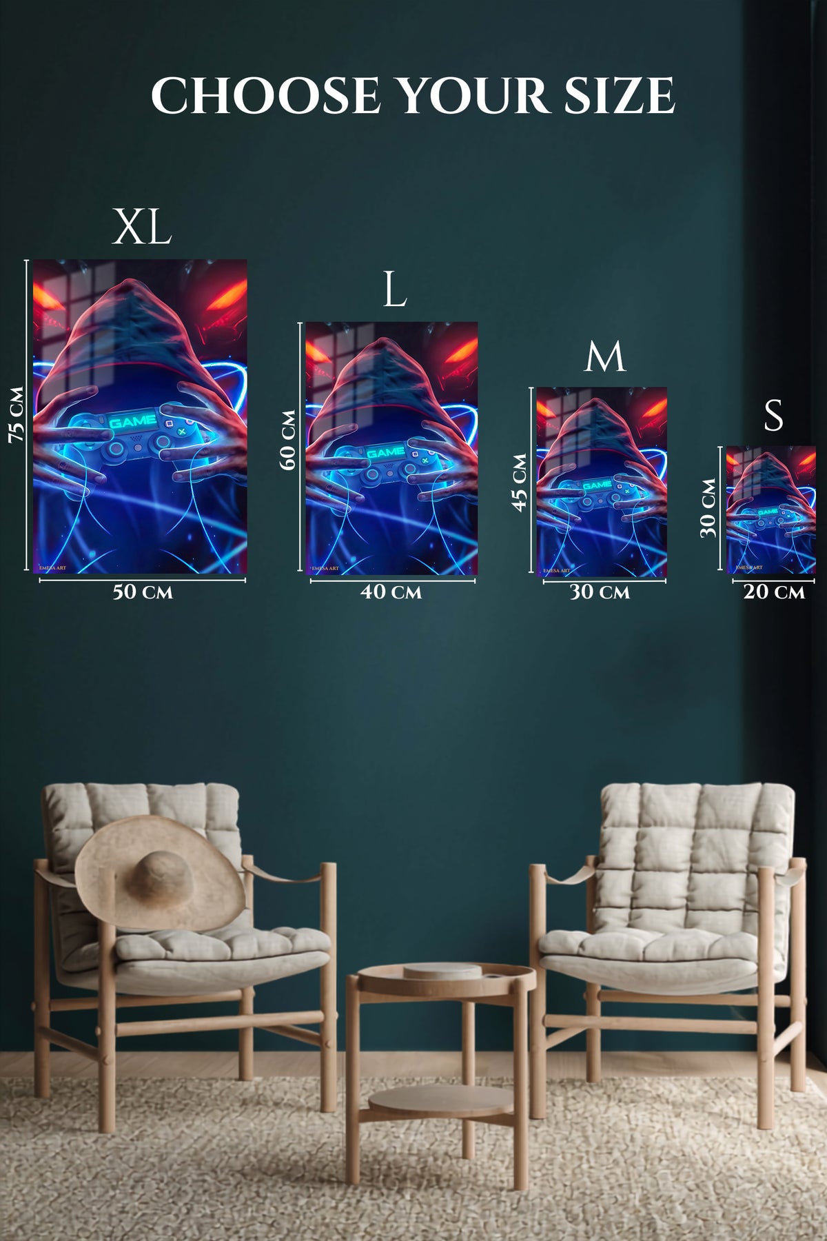 EMESA metal wall art size comparison guide for Neon Hooded Gamer
