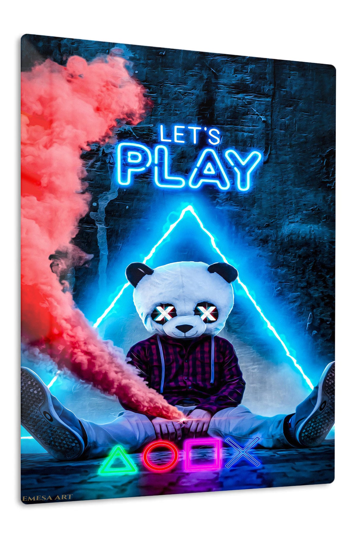 Let's Play Panda Mask Neon Gamer premium metal wall art – front view