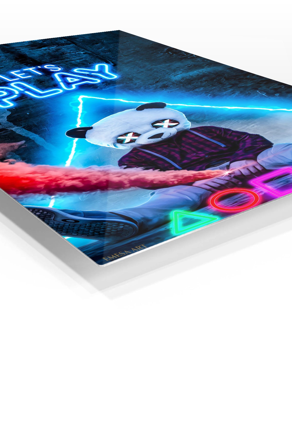 Let's Play Panda Mask Neon Gamer premium metal wall art – angled view