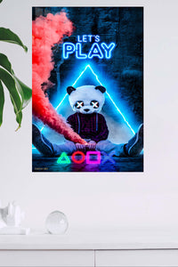 Let's Play Panda Mask Neon Gamer metal wall art displayed in a modern interior