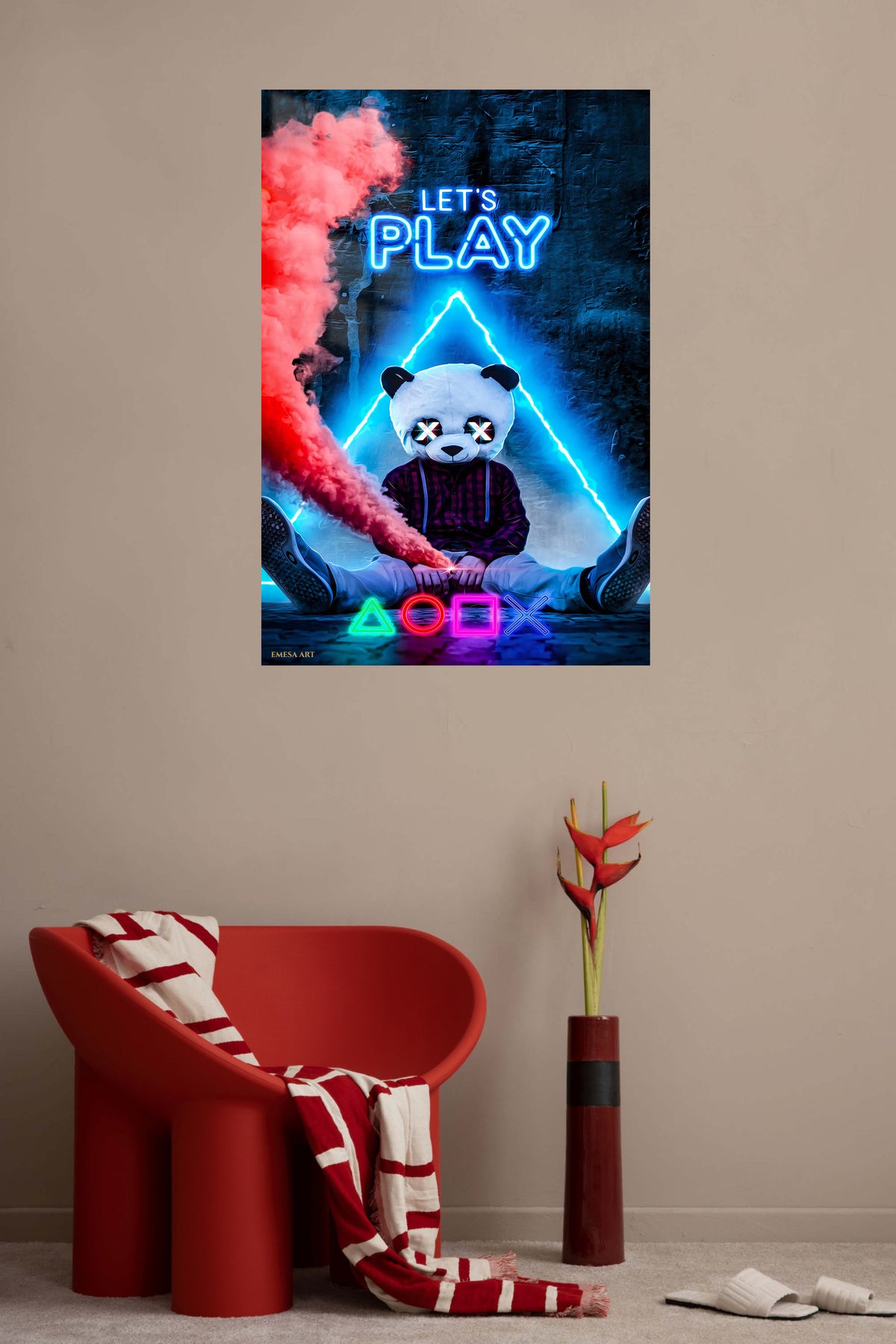 Let's Play Panda Mask Neon Gamer metal wall art displayed in a contemporary living space