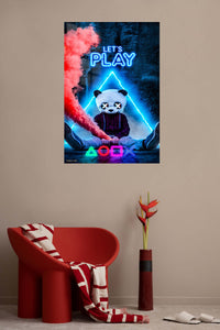 Let's Play Panda Mask Neon Gamer metal wall art displayed in a contemporary living space