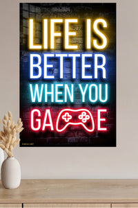 Life Is Better When You Game Neon Sign metal wall art displayed in a modern interior