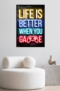 Life Is Better When You Game Neon Sign metal wall art displayed in a contemporary living space