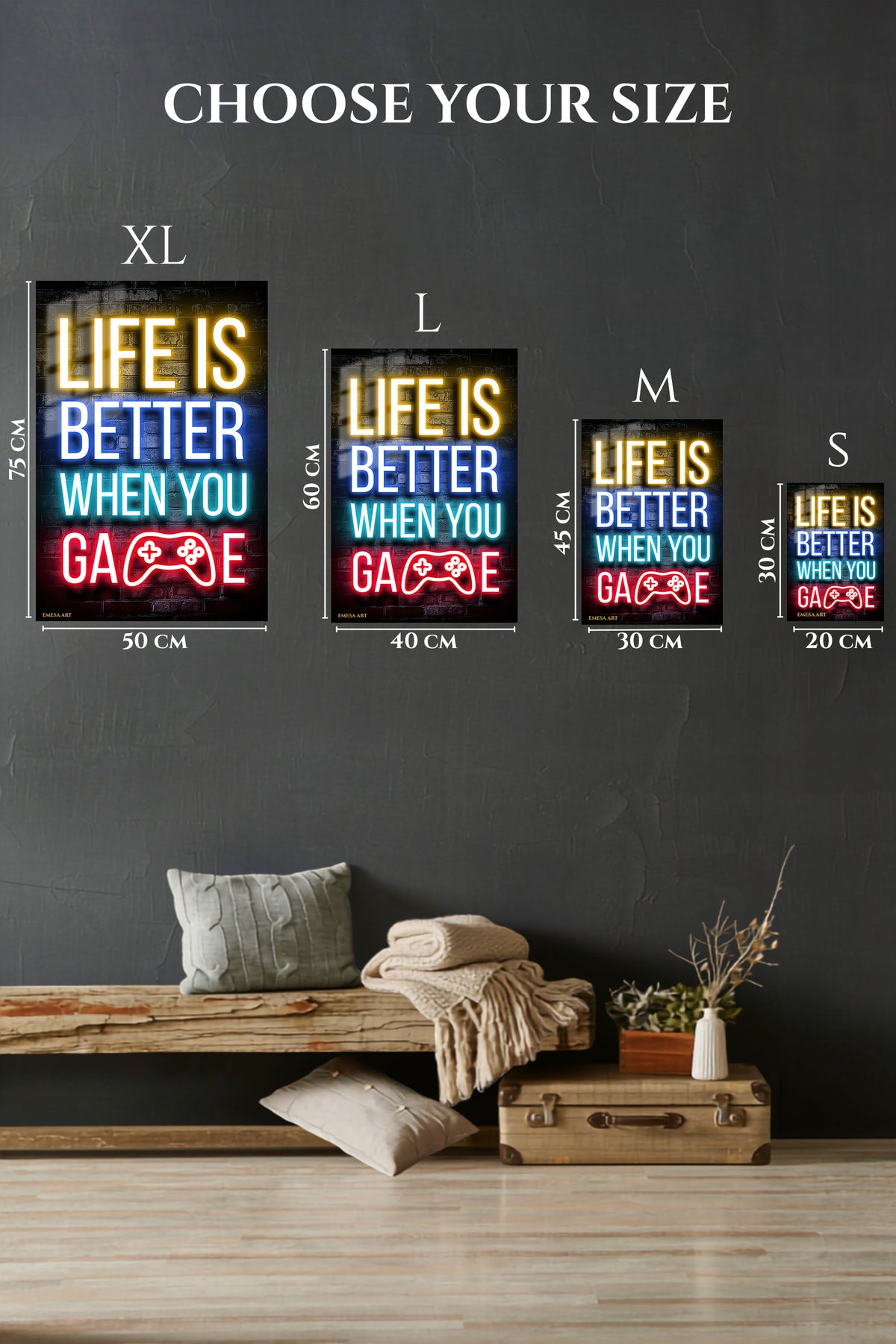 EMESA metal wall art size comparison guide for Life Is Better When You Game Neon Sign