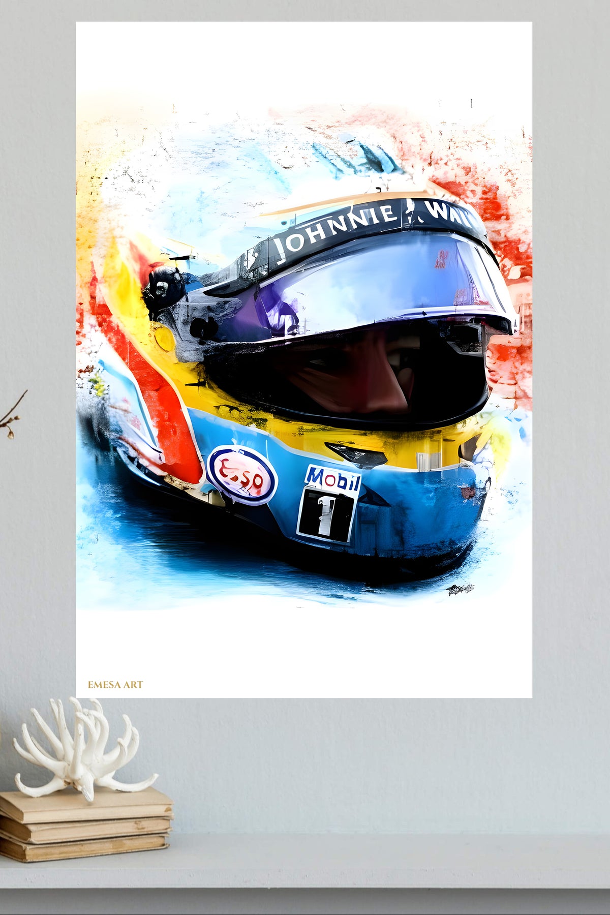 Vivid Motorsport Helmet Portrait metal wall art displayed in a modern interior
