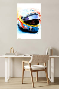 Vivid Motorsport Helmet Portrait metal wall art displayed in a contemporary living space
