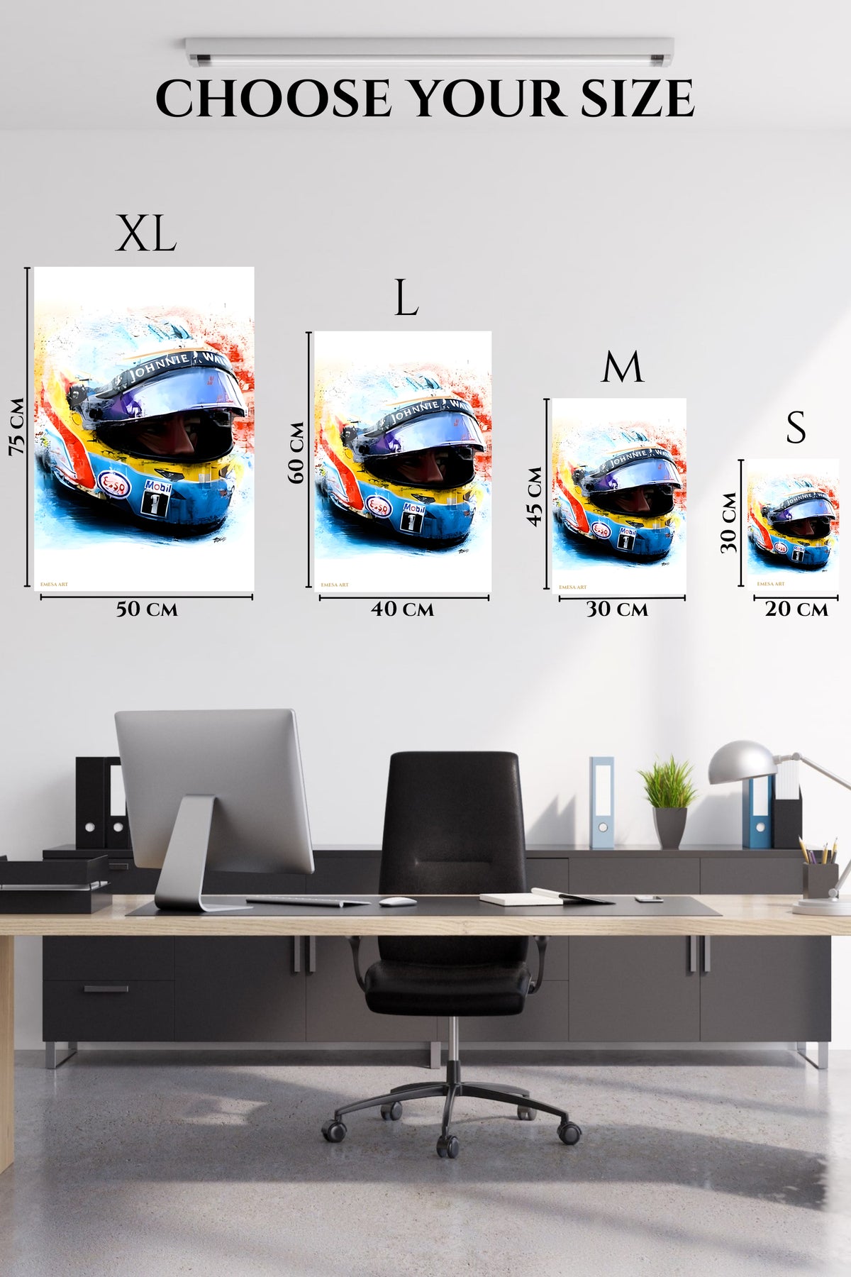 EMESA metal wall art size comparison guide for Vivid Motorsport Helmet Portrait