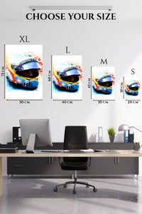 EMESA metal wall art size comparison guide for Vivid Motorsport Helmet Portrait