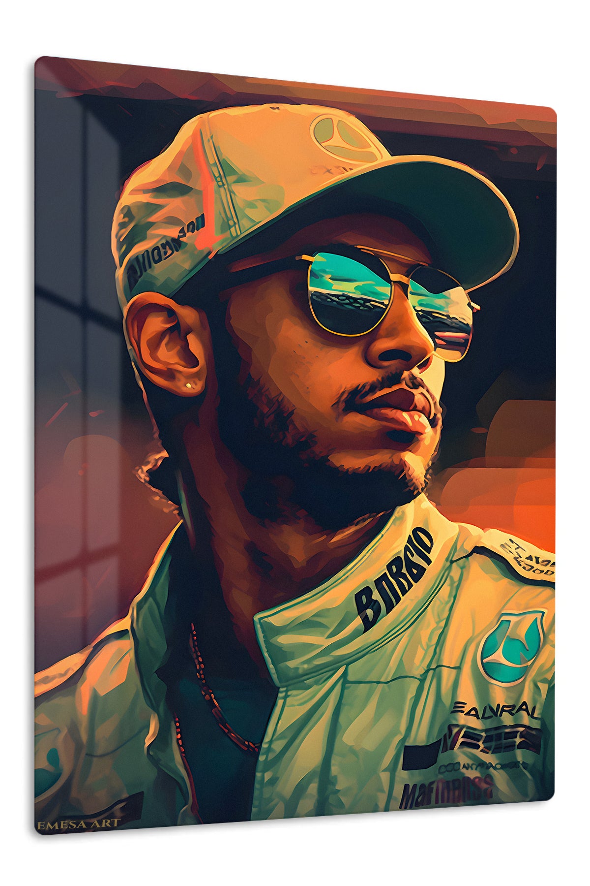 Golden Visor Racing Driver Portrait premium metal wall art – front view