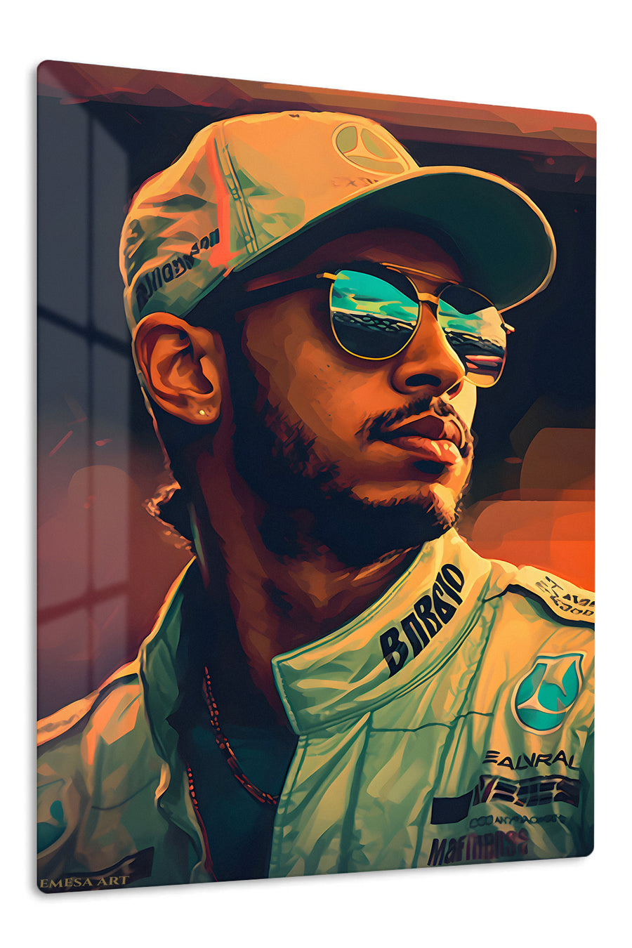 Golden Visor Racing Driver Portrait premium metal wall art – front view