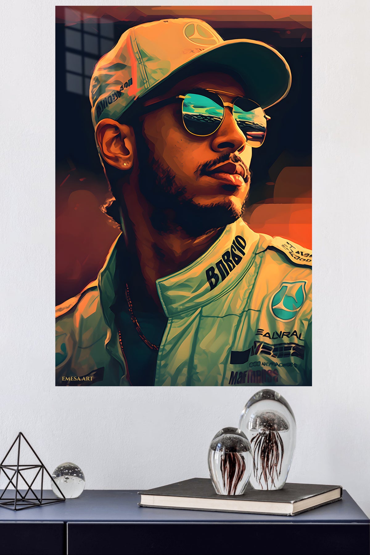 Golden Visor Racing Driver Portrait metal wall art displayed in a modern interior