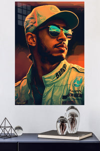 Golden Visor Racing Driver Portrait metal wall art displayed in a modern interior