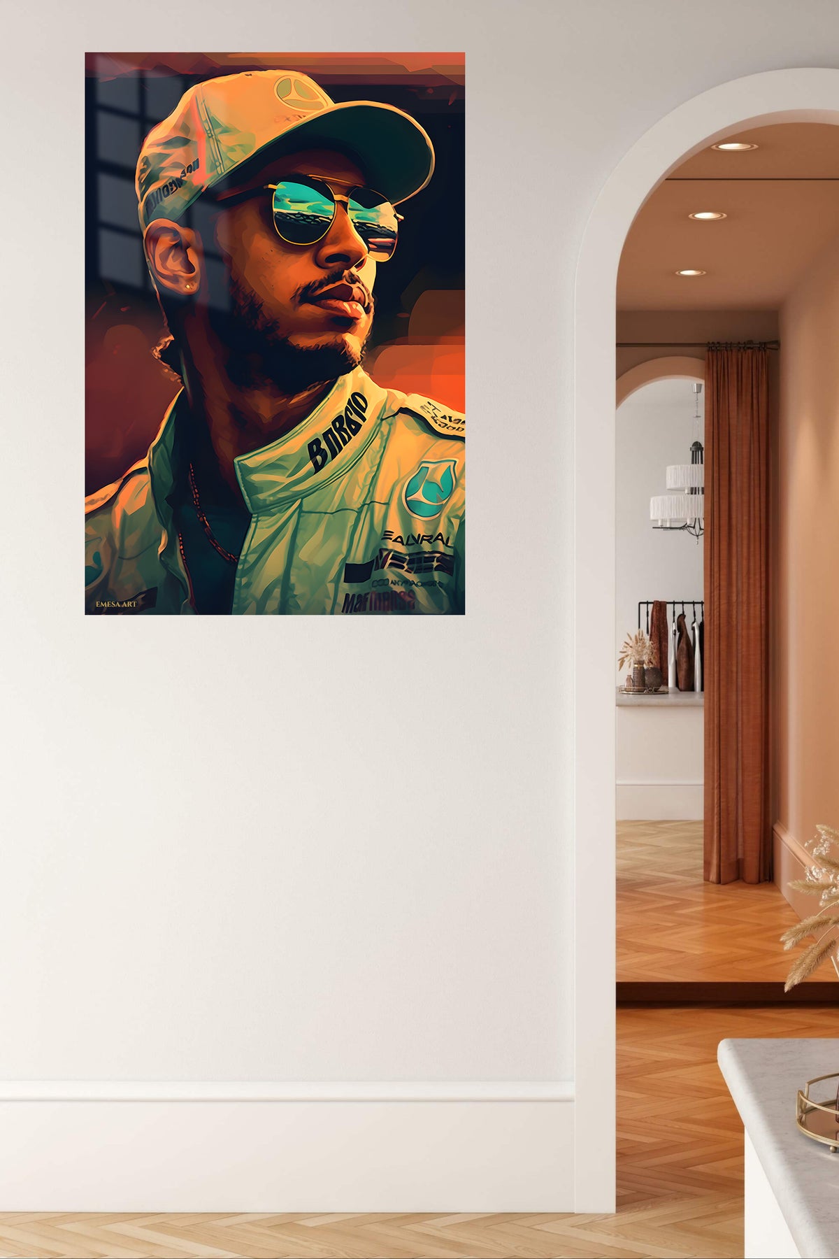 Golden Visor Racing Driver Portrait metal wall art displayed in a contemporary living space