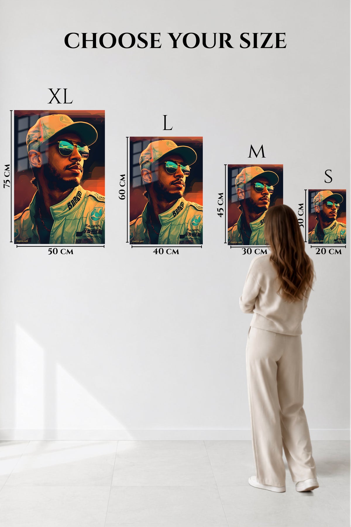 EMESA metal wall art size comparison guide for Golden Visor Racing Driver Portrait