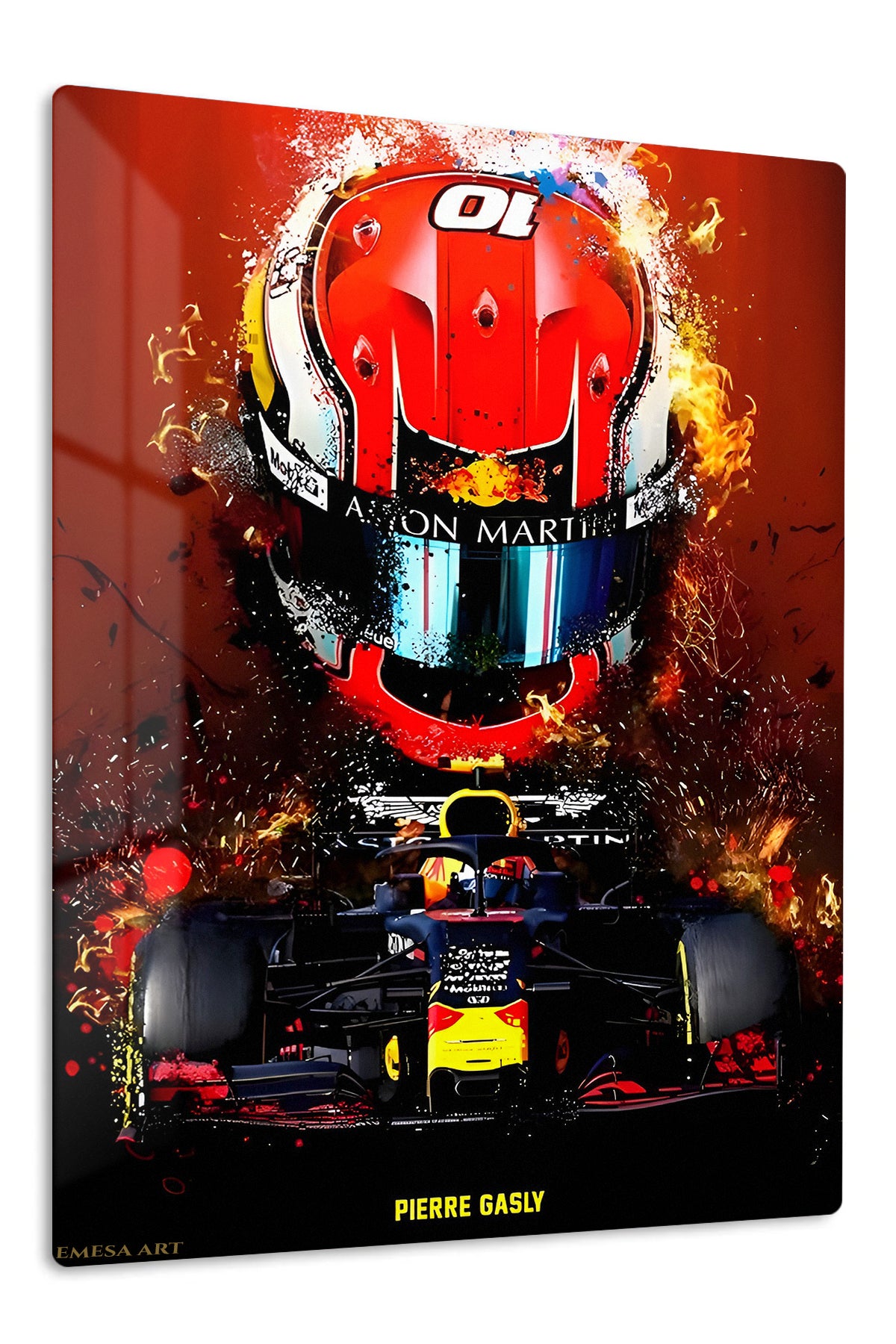 Fiery Open-Wheel Racing Helmet premium metal wall art – front view