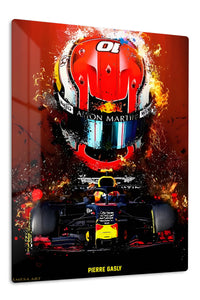 Fiery Open-Wheel Racing Helmet premium metal wall art – front view