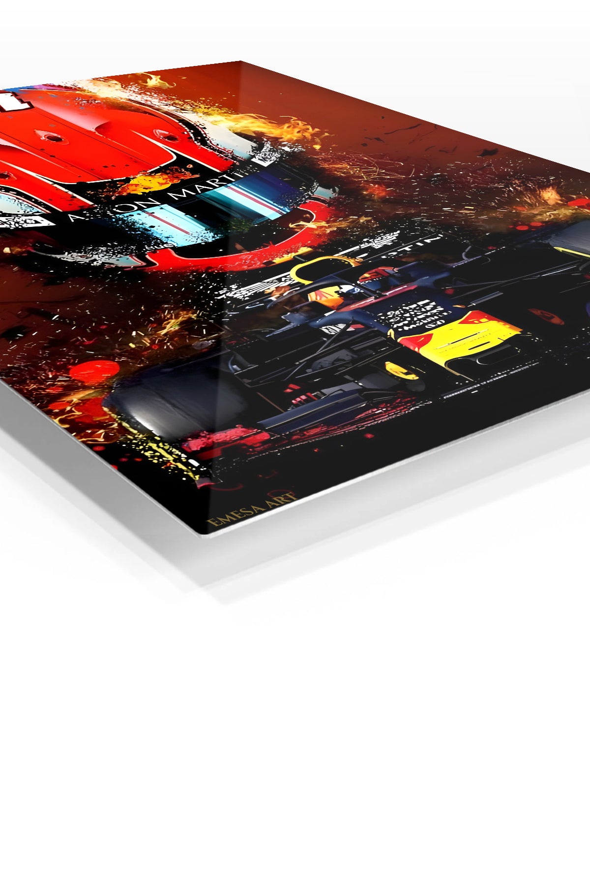 Fiery Open-Wheel Racing Helmet premium metal wall art – angled view