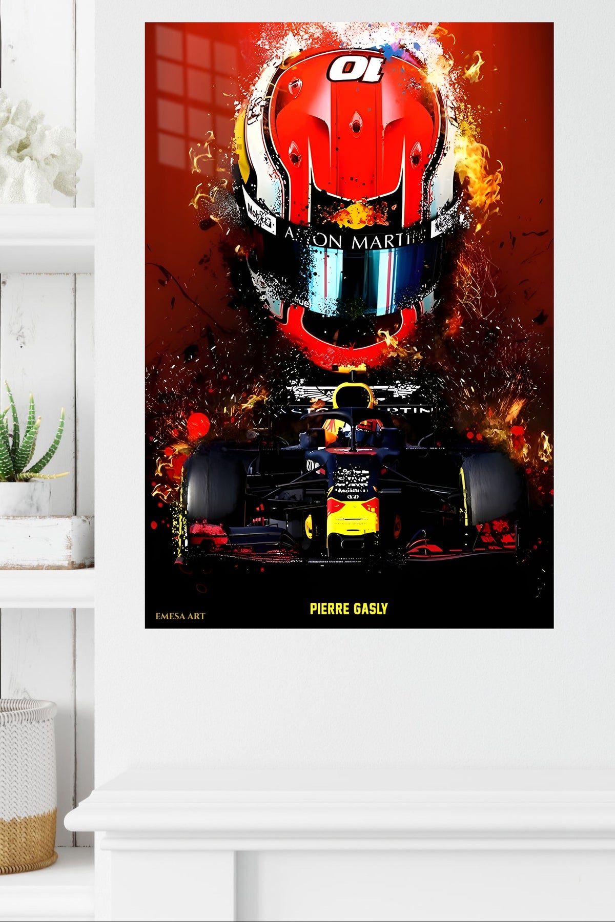 Fiery Open-Wheel Racing Helmet metal wall art displayed in a modern interior