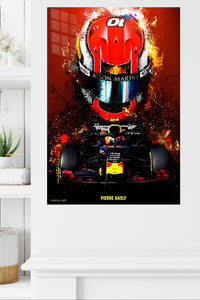 Fiery Open-Wheel Racing Helmet metal wall art displayed in a modern interior