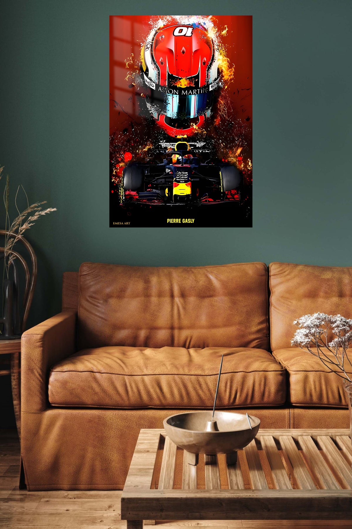 Fiery Open-Wheel Racing Helmet metal wall art displayed in a contemporary living space