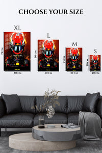 EMESA metal wall art size comparison guide for Fiery Open-Wheel Racing Helmet