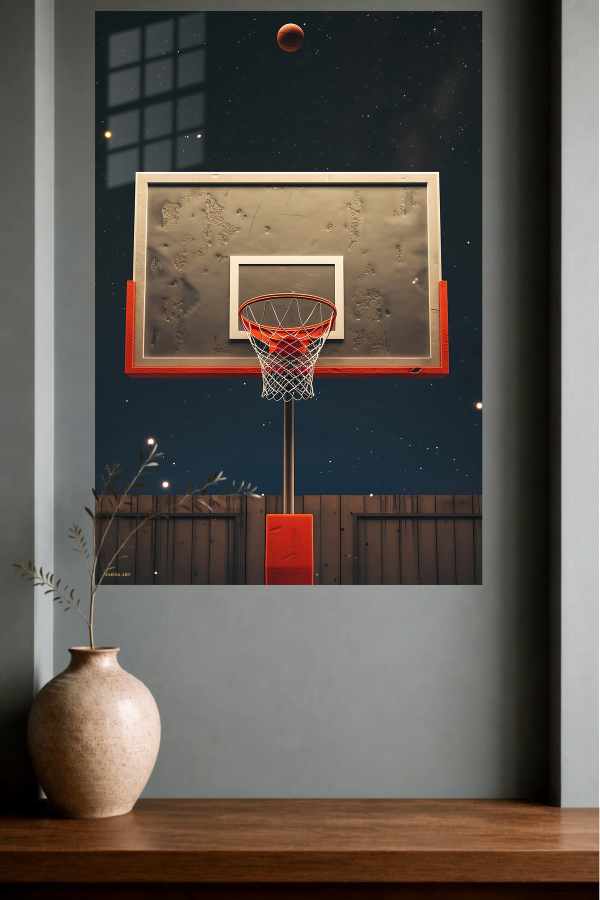 Basketball Hoop Beneath the Stars metal wall art displayed in a modern interior