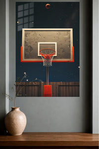 Basketball Hoop Beneath the Stars metal wall art displayed in a modern interior